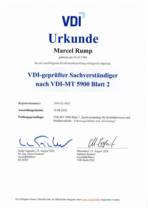 Auszug VDI-Urkunde von Marcel Rump